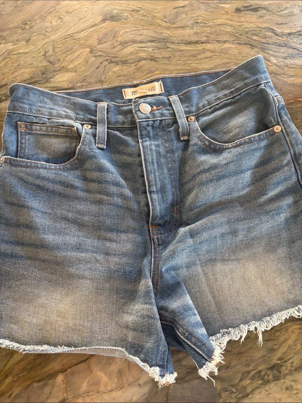 Madewell Frayed High-Rise Denim Shorts in Light Blue Wash